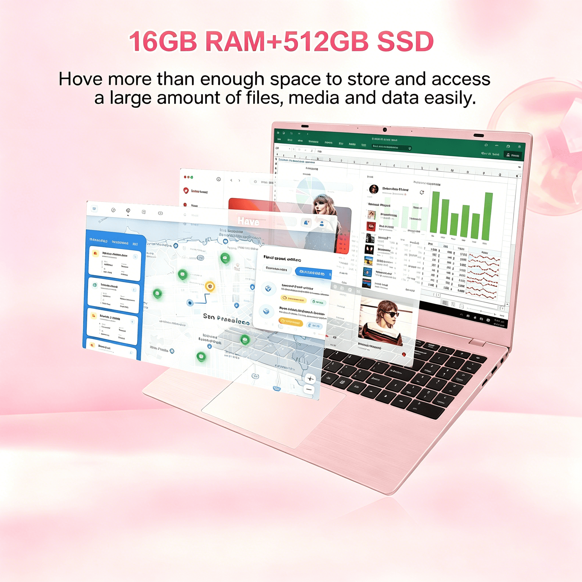 HPUMLSE 15.6" Pink Laptop Computer, 16GB RAM 512GB SSD, Intel 6500Y (up to 3.4GHz) with Office 2024, Windows 11 Pro Laptop, IPS FHD Display, Notebook PC for Business, Student, Office